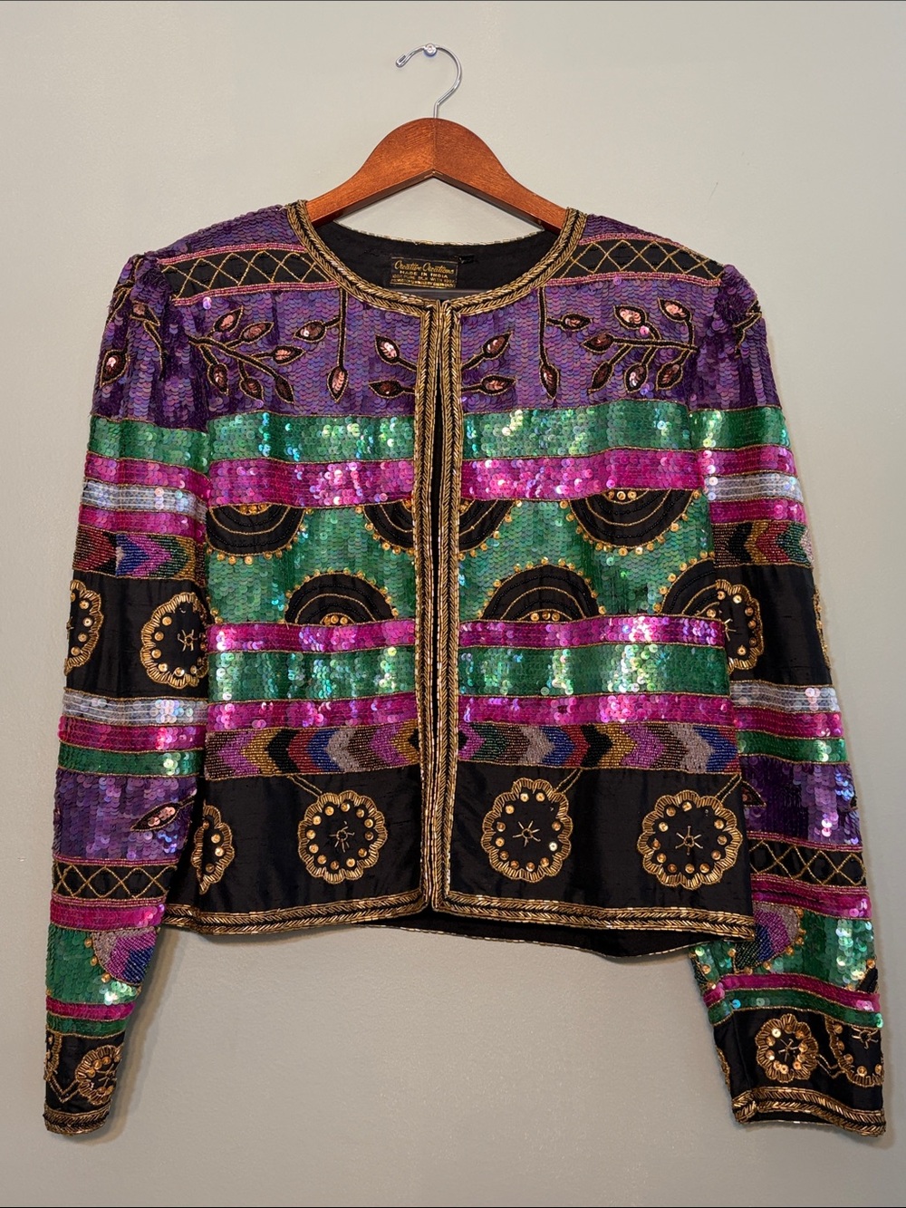 Creative Creations Size XL Made in India 100% Pure Silk Beaded Vintage Jacket
